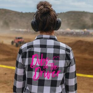 Black and White Checkered Shirt with Pink Dibs On The Driver Graphic